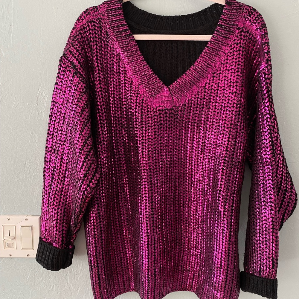 Magenta metallic foil v-neck sweater